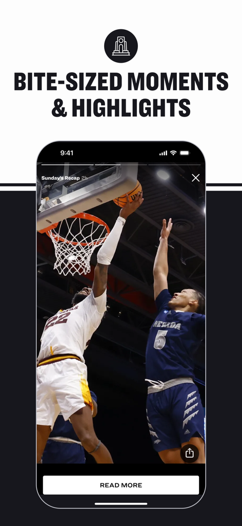 Aplicación NCAA March Madness Live mostrando resúmenes breves de baloncesto y momentos de juego