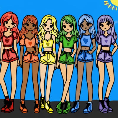 a group of girls wearing crop tops and shorts