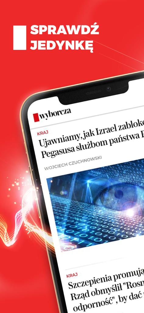 WYBORCZA: fakty, newsy, opinie - ポーランド語の調査報道の見出しが表示されたWyborczaニュースアプリのフロントページを表示するスマートフォン
