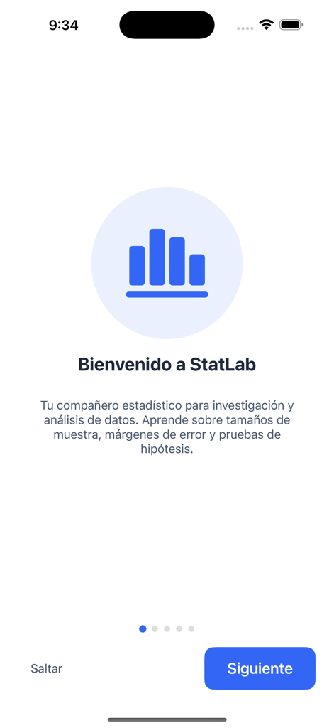 StatLab - Pantalla de bienvenida de StatLab con un icono de gráfico de barras azul y texto introductorio sobre investigación estadística.