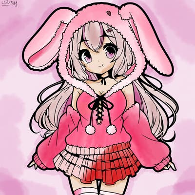 pretty anime girl wearing a fluffy hoodie with bunny ears on the hood and a skirt