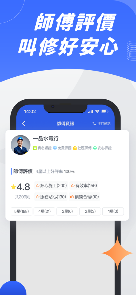 找師傅－叫修必備APP - Mobile App-Oberfläche, die ein professionelles Handwerkerprofil mit einer 4,8-Sterne-Bewertung und Kundenrezensions-Tags anzeigt