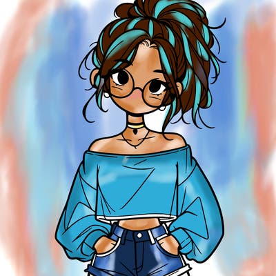girl with a messy ponytail glasses a baggy crop top and jean shorts