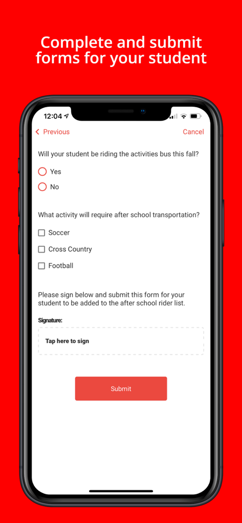 Stopfinder - Mobile screen showing a digital form in the Stopfinder app for after school student transportation and activities