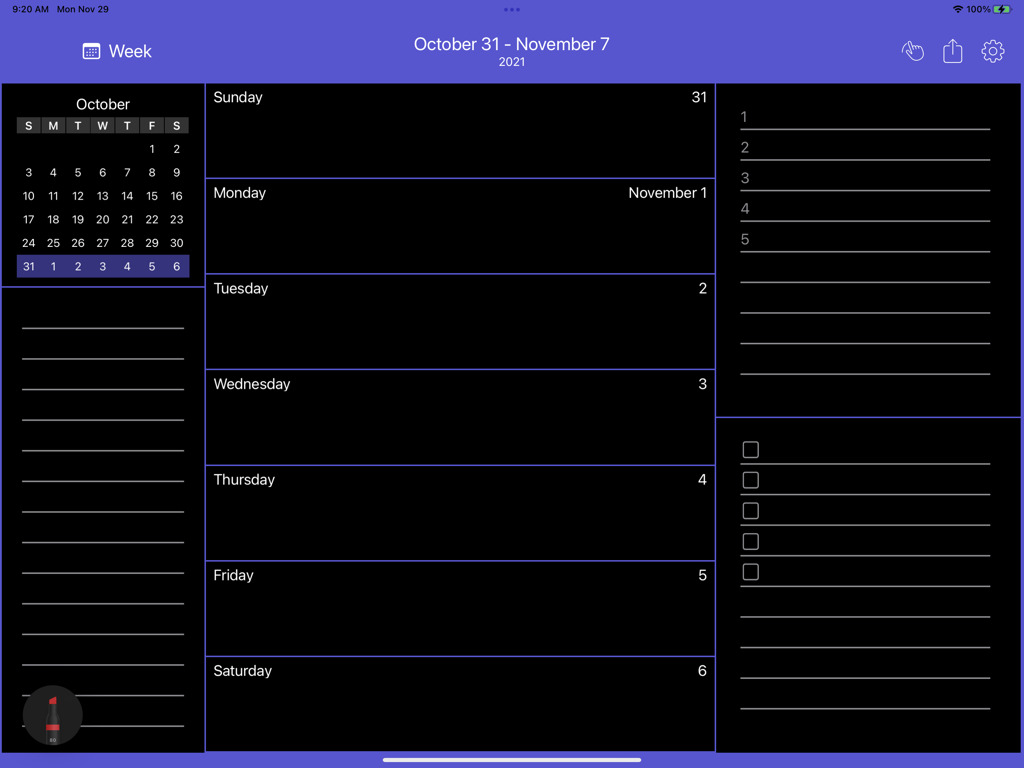 A weekly planning layout in the Pencil Calendar app on iPad featuring a dark mode interface with sections for daily entries and task lists.