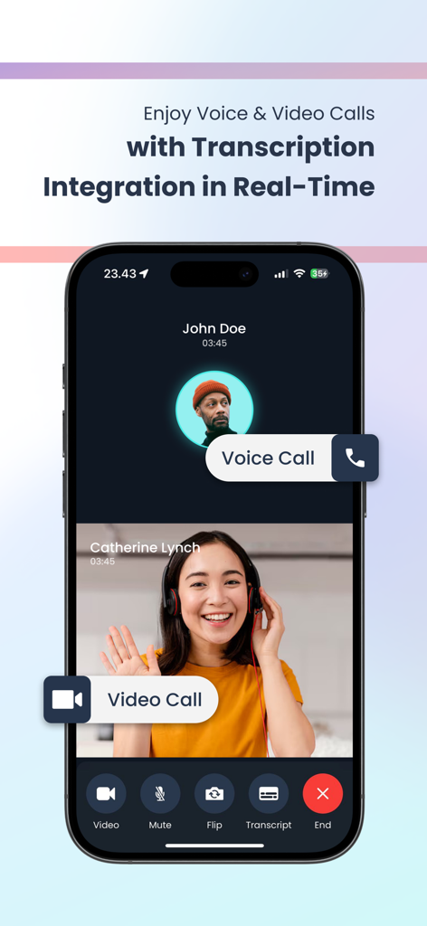 Mobile app interface for Langaroo Plus featuring real-time voice and video calls with integrated transcription