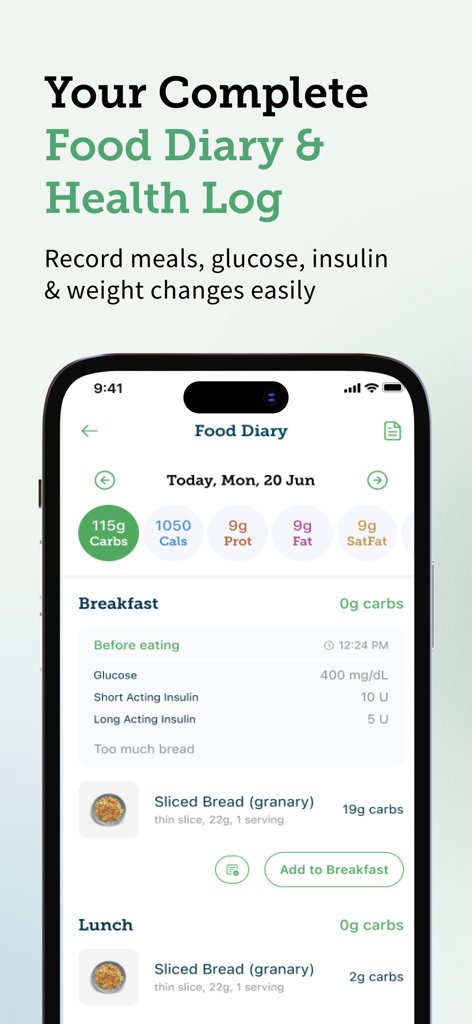 Carbs & Cals: Diet & Diabetes - A smartphone showing the Carbs and Cals app food diary with tracking for meals glucose and insulin