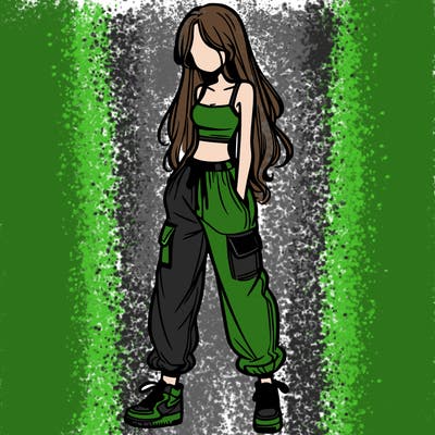 girl in baggy pants crop top and long hair