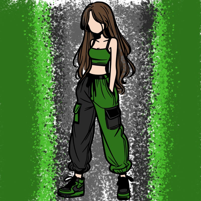 girl in baggy pants crop top and long hair