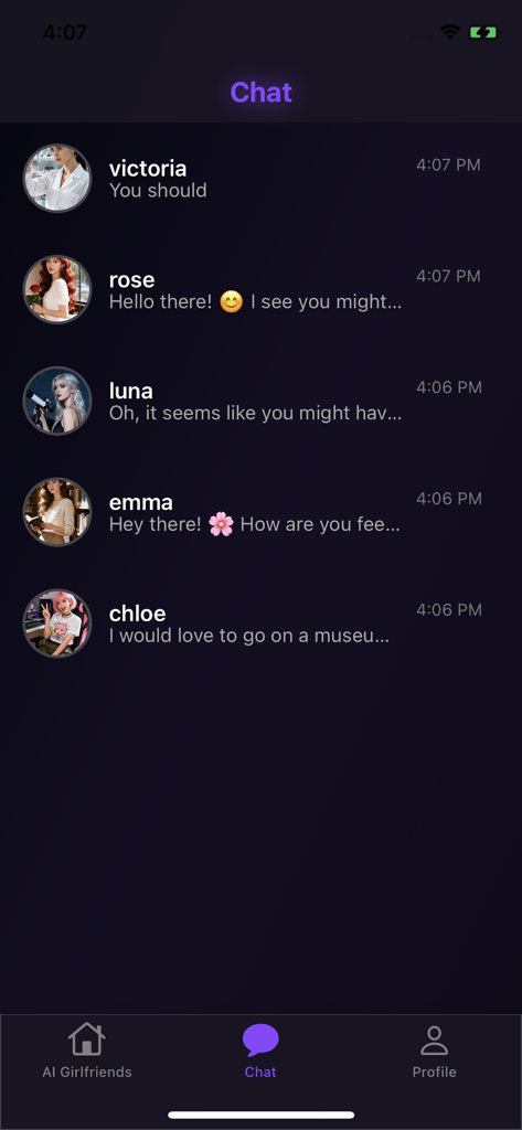 Muva - AI Romance & Friends - Interfaz de chat que muestra conversaciones activas con novias de IA en la aplicación Muva