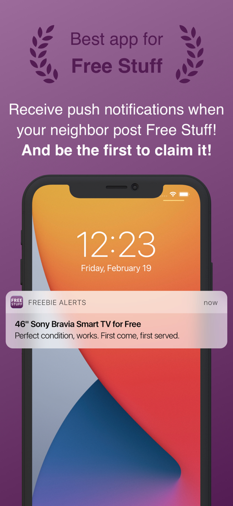 A smartphone screen showing a push notification from the Freebie Alerts app about a free smart TV.