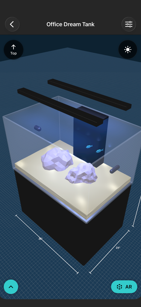 寸法と照明を備えたカスタム水槽セットアップの3D可視化。