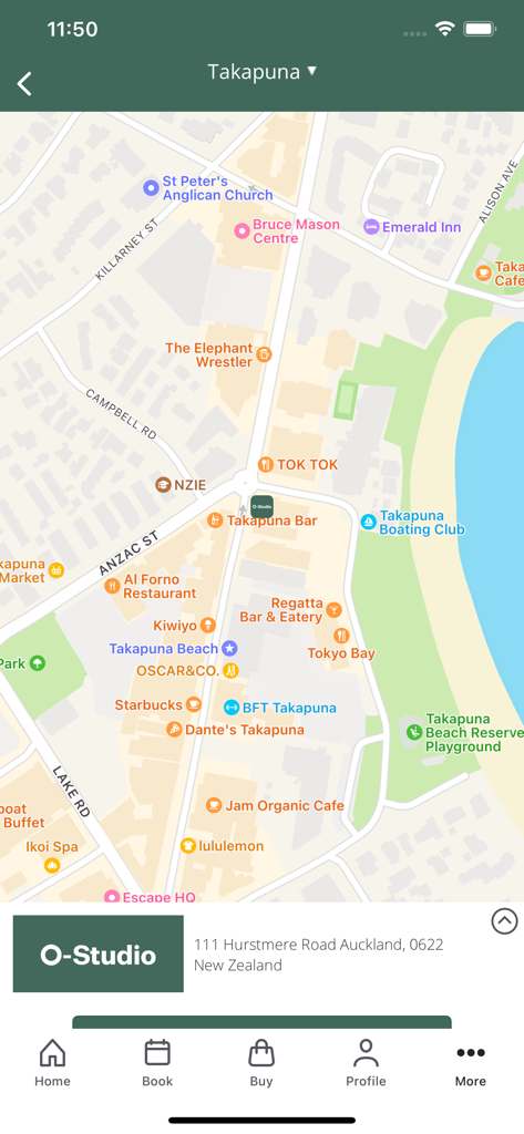 O-Studio - Mapa do aplicativo O-Studio mostrando a localização do estúdio em Takapuna Auckland