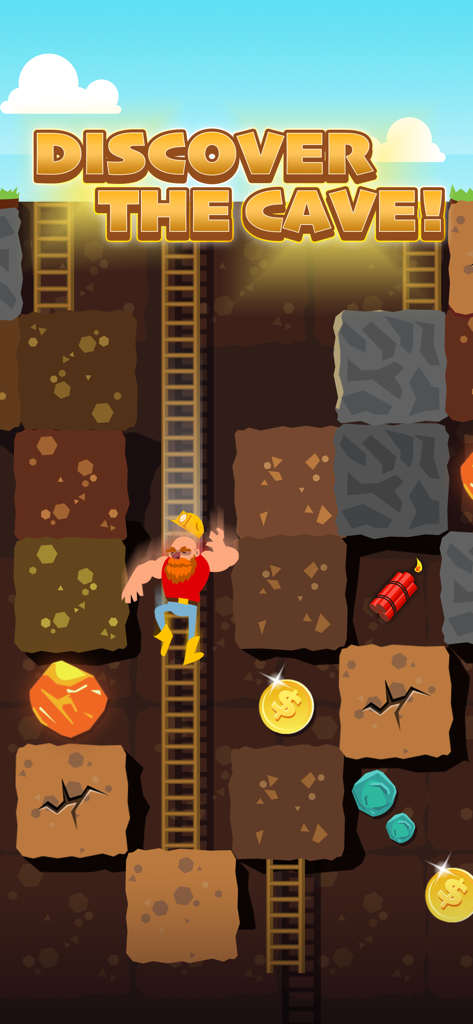 Gold Digger FRVR - Deep Mining - Un personaje minero descendiendo por una escalera hacia una cueva subterránea llena de oro y tesoros