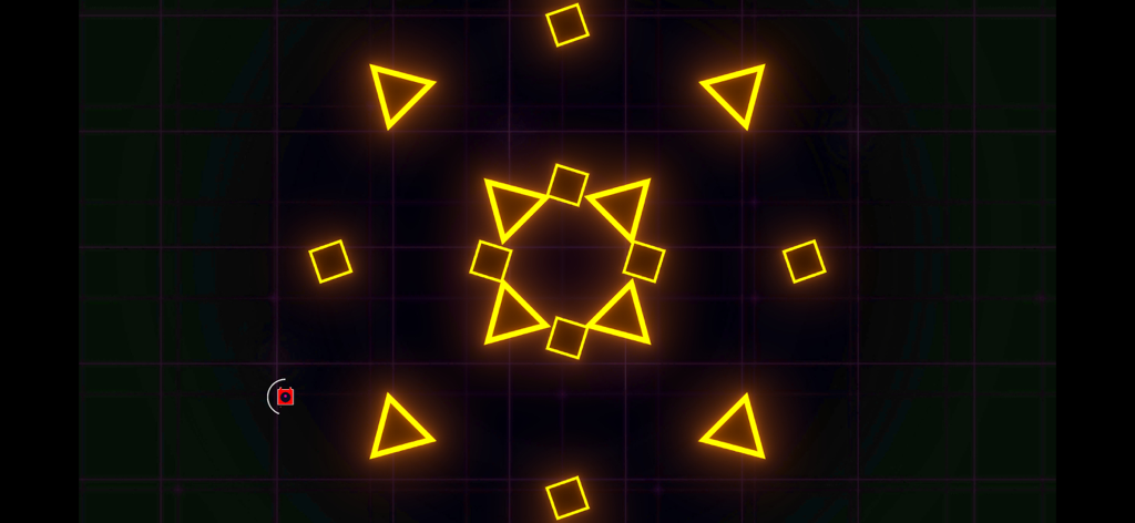 Shape Rhythm - Glowing neon yellow triangles and squares in a circular pattern on a dark grid in Shape Rhythm.