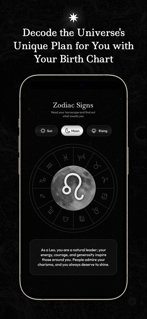 Cosmic: Soulmate Drawing - Cosmic app interface showing a birth chart reading for the Leo Moon sign with a zodiac wheel.