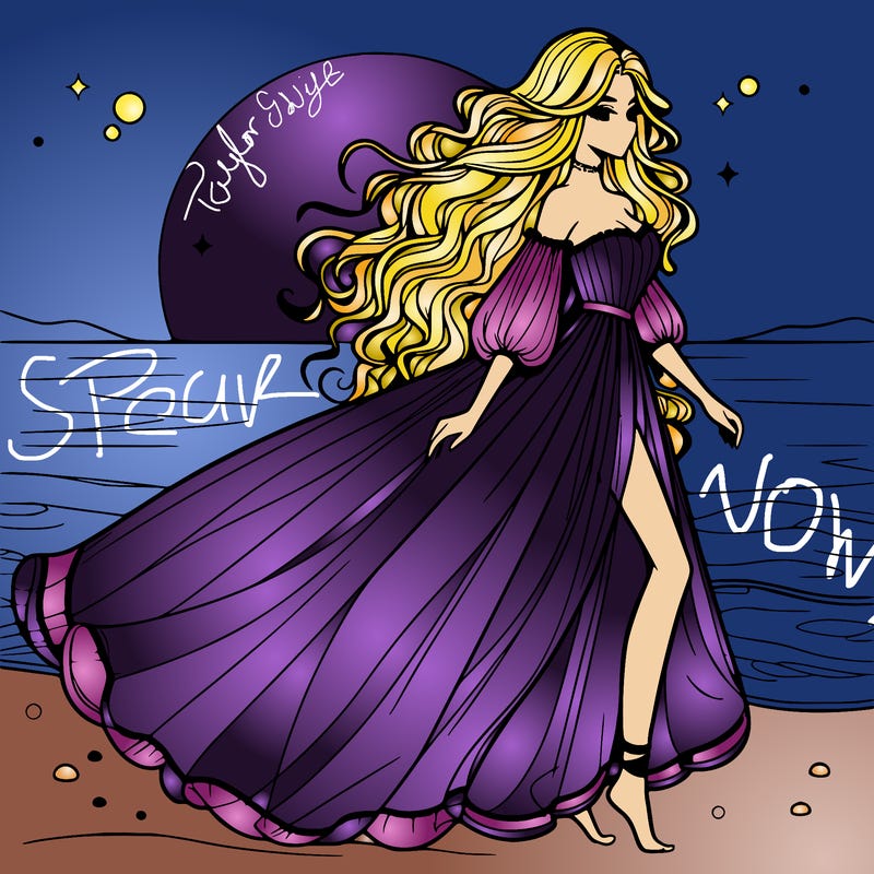 beautiful woman with a vaporous long dress walking on the beach at the noon, detailed art