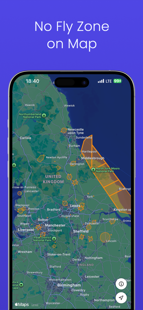 Drone Forecast DJI Fly Air Map - Mapa interactivo que muestra áreas de vuelo de drones restringidas y zonas de prohibición de vuelo.