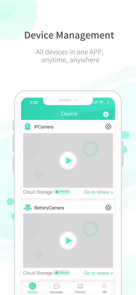 HapSeeMate app screenshot showing the device management interface with multiple connected security cameras