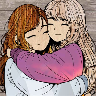 realistic two girls hugging