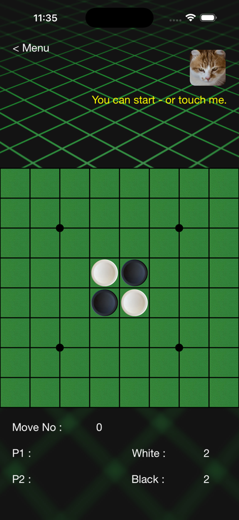 FlipOver strategy board game screen featuring a green grid with black and white pieces and a cat AI opponent