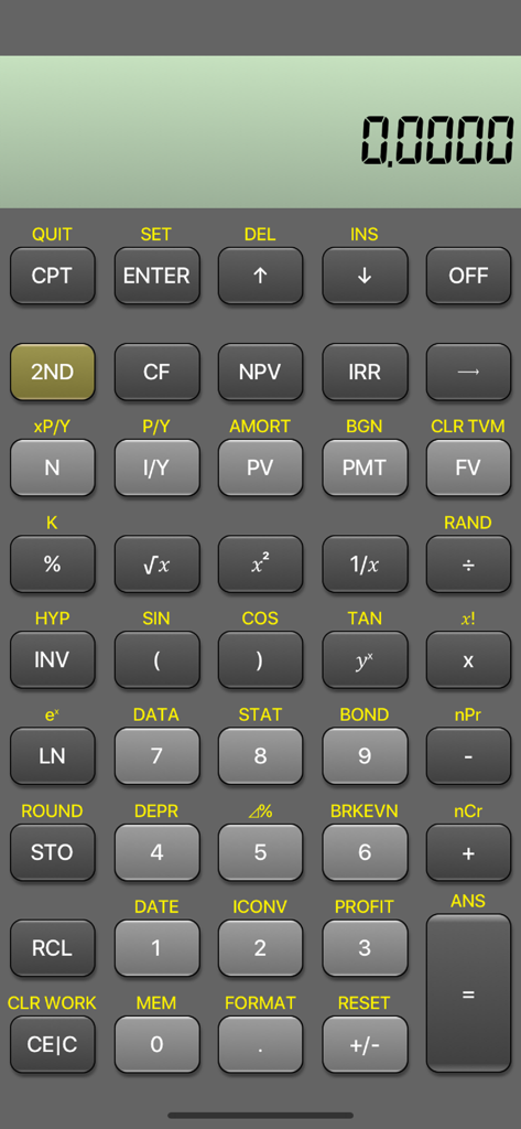 BA Financial Calculator - Interface of the BA Financial Calculator app showing the TI BAII Plus layout for finance professionals