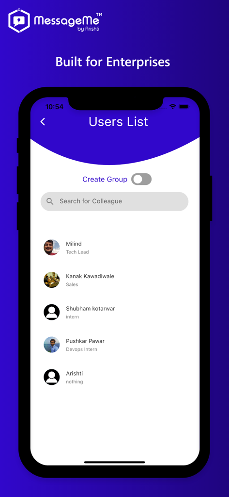 MessageMe™ - A screenshot of the MessageMe app showing a list of users and their professional titles within an enterprise communication platform.