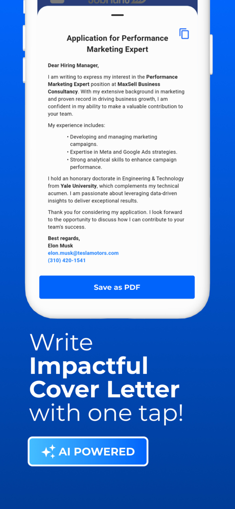 JobHunt - Job Search AI Agent - JobHunt app interface showing an AI generated cover letter for a job application