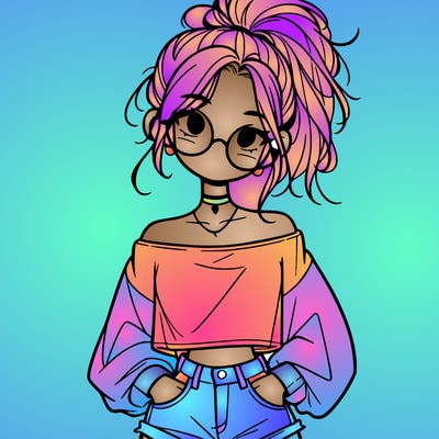 girl with a messy ponytail glasses a baggy crop top and jean shorts