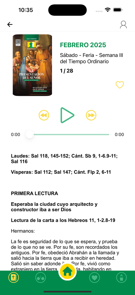 Lectura de la liturgia católica diaria y reproductor de audio en la app Revista Rayo de Luz.
