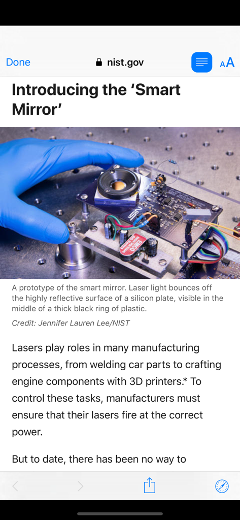 Science Now - Science Now app showing a news article from NIST about a smart mirror prototype