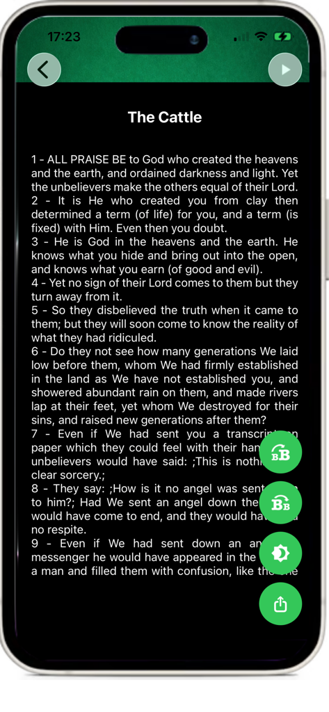 Holy Quran - القران الكريم - English translation of Surah The Cattle in the Holy Quran mobile app interface
