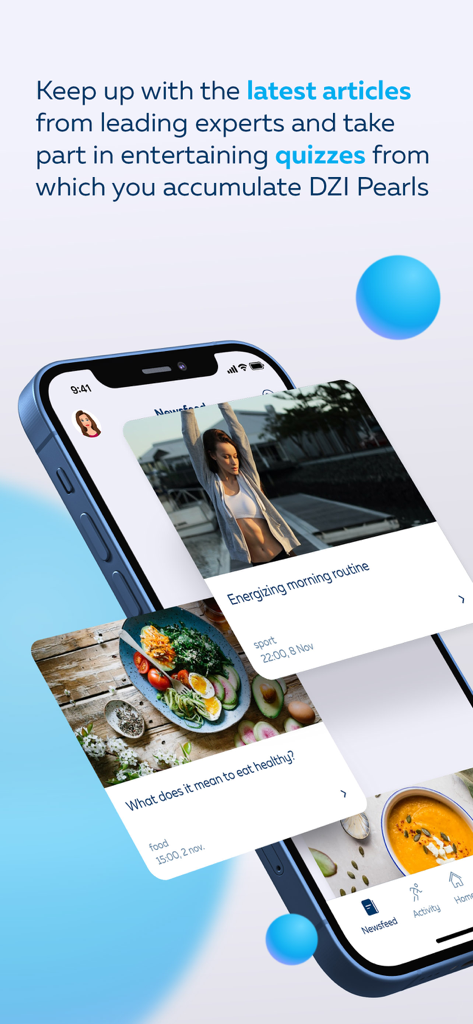 Kaksi - A smartphone displaying health articles and quizzes in the Kaksi app.