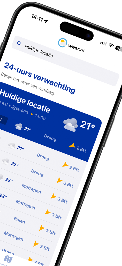 Aplicación Weer.nl mostrando una previsión meteorológica detallada de 24 horas por hora