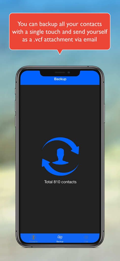 iPhone screenshot of Simple Backup Contacts app showing the one touch backup feature to email a VCF file