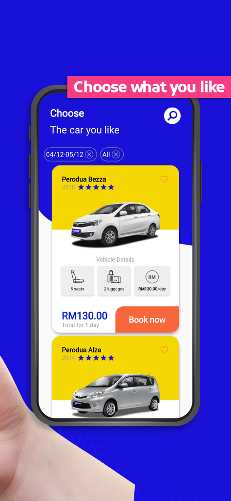 예약을 위해 다양한 렌터카 모델과 가격을 표시하는 Klezcar 앱 화면