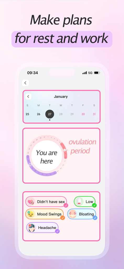 Period Tracker・Cycle Calendar - 1월 달력과 복부 팽만감, 기분 변화와 같은 일일 건강 증상을 보여주는 배란 주기 휠이 있는 생리 주기 추적기 모바일 앱 인터페이스.