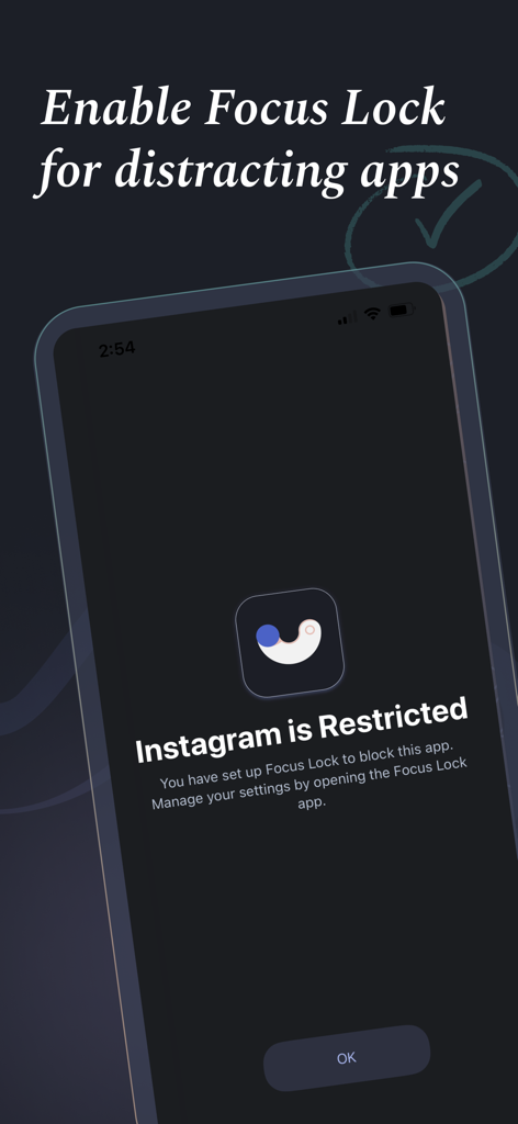 Pantalla de un smartphone mostrando que Instagram está restringido por Focus Lock para bloquear aplicaciones que distraen.