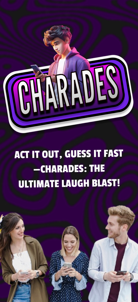 Charades: Guess the Word Game - Charades app title screen featuring young adults playing together with the slogan act it out guess it fast