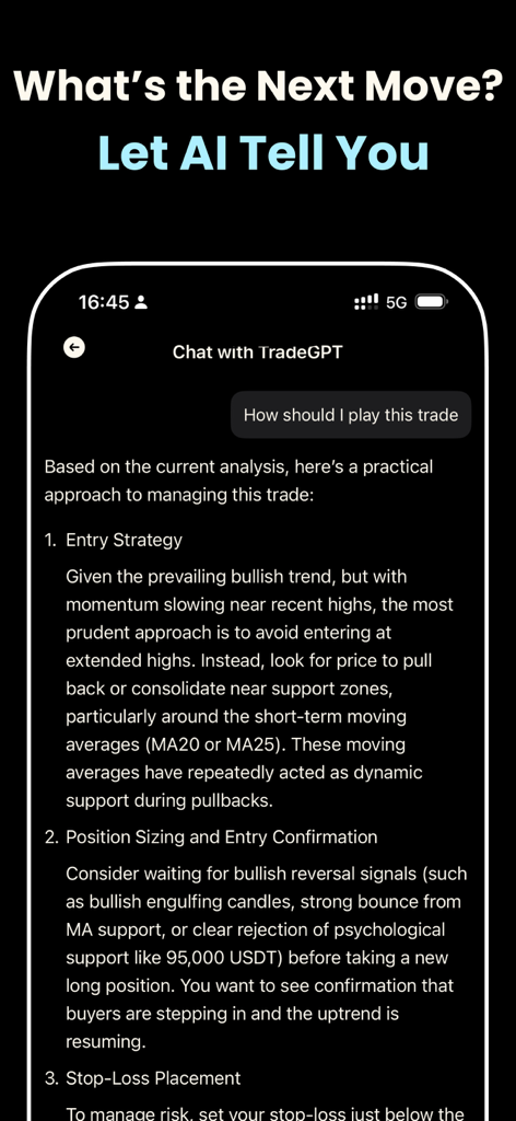 TradeGPT: Chart AI Analysis - AI trading assistant providing detailed entry strategy and technical analysis in a chat interface