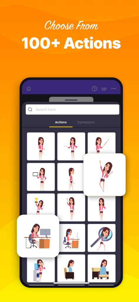 Animaker: Animation Maker - Interfaz de la app Animaker que muestra una biblioteca de acciones y poses de personajes para la creación de vídeo.