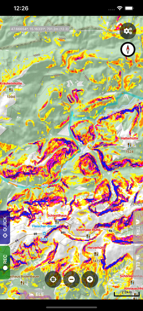 Cartograph Maps 3 - Cartograph Maps 3 display showing a topographical map with a colorful slope mapping overlay for terrain analysis.