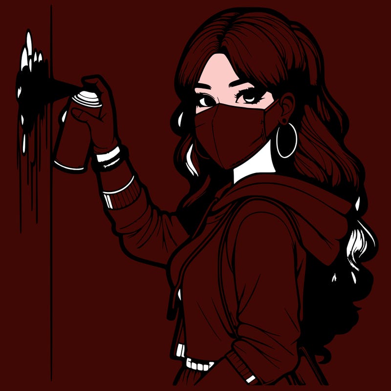 realistic girl with mask spray painting a wall