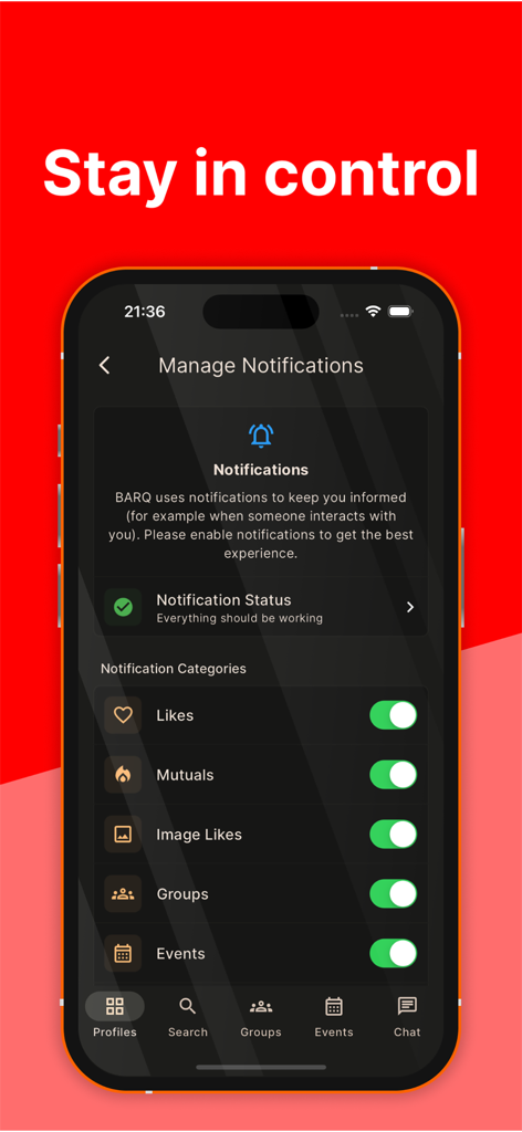 Barq app notification management screen showing toggle settings for likes mutuals and events under the heading Stay in control