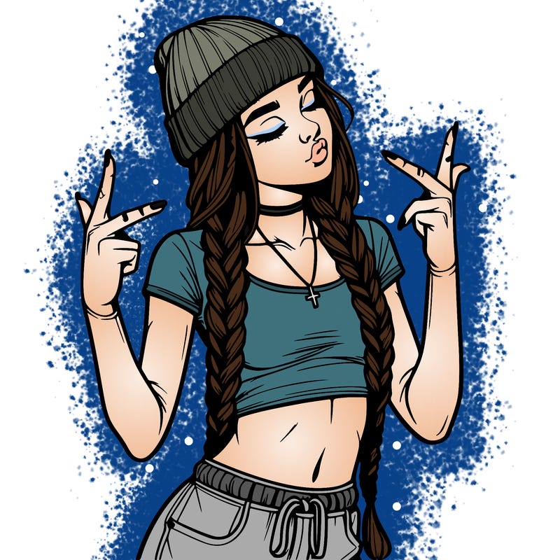 realistic teenage girl with braids and a beanie and crop top doing 🫶🏼