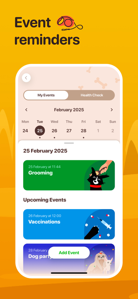 Recordatorios de eventos de la aplicación Woofz y pantalla del calendario del perro
