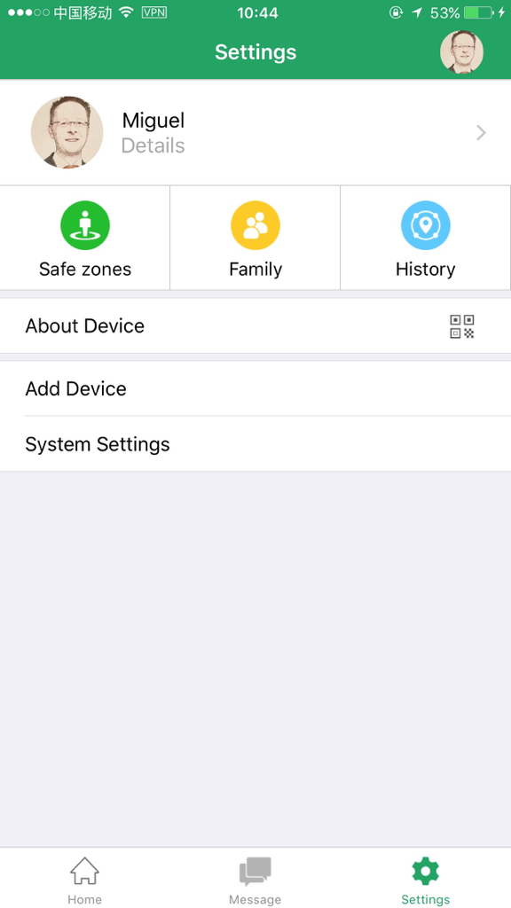 Kid-Guard - The settings interface of the Kid-Guard app displaying safe zones family and history features for parents