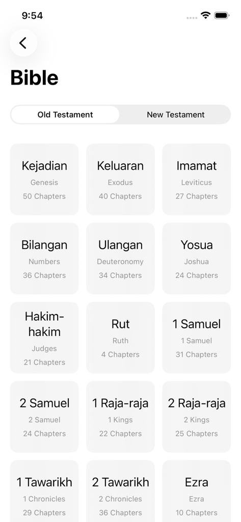 A list of Old Testament books in Malay and English within the Malaysia Bible app interface.
