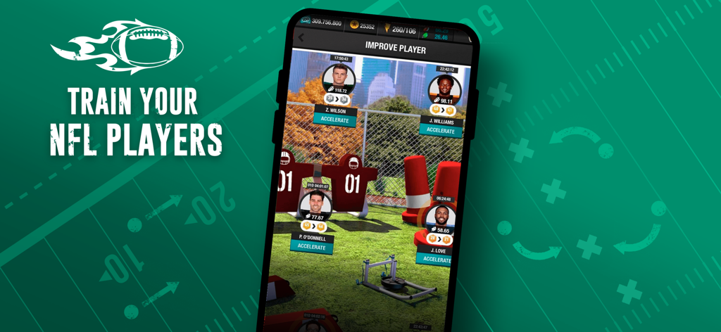 Teléfono inteligente que muestra la interfaz de entrenamiento de jugadores en Football Manager Mobile con el texto Entrena a tus jugadores de la NFL
