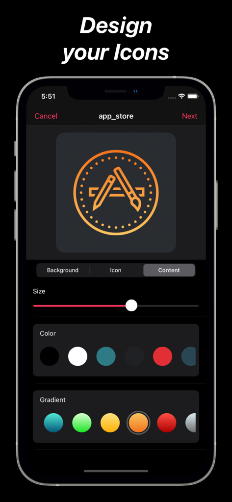 Editor de iconos de aplicaciones personalizado con herramientas de selección de color y degradado